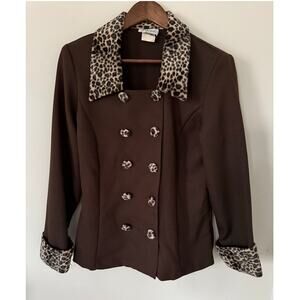 VTG B'Zone Women's Jacket MED Chocolate Brown w/Animal Print Trim Button-up 90s